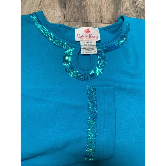 Quacker Factory Women's Turquoise Long Sleeve Top With Sequin Accents Size XL - Picture 3 of 4